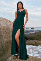 Load image into Gallery viewer, Dark Green Spaghetti Straps Ruched Long Bridesmaid Dress with Slit