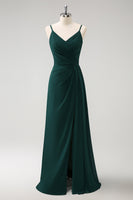 Load image into Gallery viewer, Dark Green Spaghetti Straps Ruched Long Bridesmaid Dress with Slit