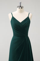 Load image into Gallery viewer, Dark Green Spaghetti Straps Ruched Long Bridesmaid Dress with Slit