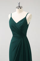 Load image into Gallery viewer, Dark Green Spaghetti Straps Ruched Long Bridesmaid Dress with Slit