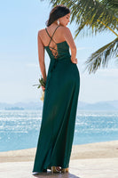 Load image into Gallery viewer, Dark Green A-Line Spaghetti Straps Ruched Satin Long Bridesmaid Dress