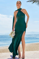 Load image into Gallery viewer, Dark Green Mermaid Halter Satin Long Bridesmaid Dress with Streamer