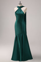 Load image into Gallery viewer, Dark Green Mermaid Halter Long Satin Bridesmaid Dress with Streamer