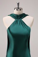 Load image into Gallery viewer, Dark Green Mermaid Halter Long Satin Bridesmaid Dress with Streamer