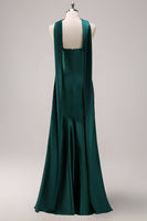 Load image into Gallery viewer, Dark Green Mermaid Halter Long Satin Bridesmaid Dress with Streamer