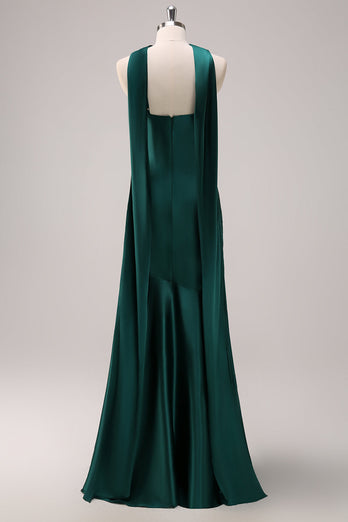 Dark Green Mermaid Halter Long Satin Bridesmaid Dress with Streamer