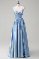 Load image into Gallery viewer, Sky Blue A-Line Pleated Long Bridesmaid Dress with Lace Up Back