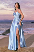 Load image into Gallery viewer, Sky Blue A-Line Spaghetti Straps Ruched Split Long Bridesmaid Dress