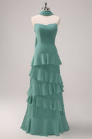 Load image into Gallery viewer, Eucalyptus Strapless Ruffled Long Bridesmaid Dress with Ribbon