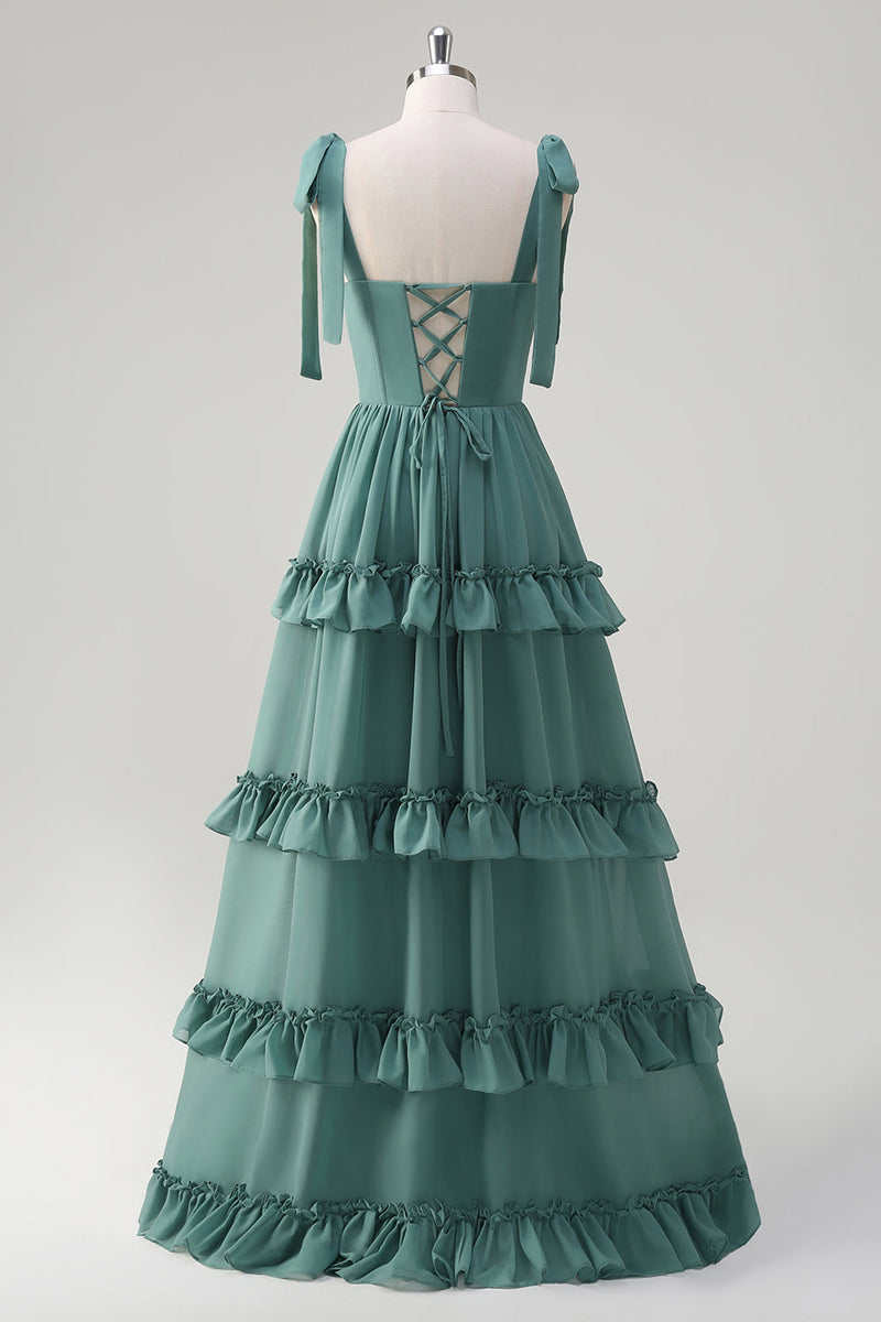 Eucalyptus A Line V-Neck Ruffled Long Bridesmaid Dress with Slit main image 1