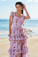 Load image into Gallery viewer, Grey Purple A-Line Tiered Print Floral Bridesmaid Dress with Ruffle Slit