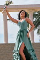 Load image into Gallery viewer, Eucalyptus A-Line Corset Ruched Chiffon Long Bridesmaid Dress with Slit