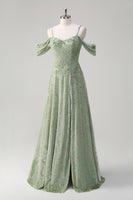 Load image into Gallery viewer, Dusty Sage A-Line Cold Shoulder Jacquard Long Bridesmaid Dress with Slit