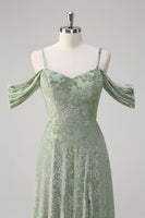 Load image into Gallery viewer, Dusty Sage A-Line Cold Shoulder Jacquard Long Bridesmaid Dress with Slit