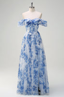 Load image into Gallery viewer, White Blue Flower Floral A-Line Long Corset Formal Dress with Slit