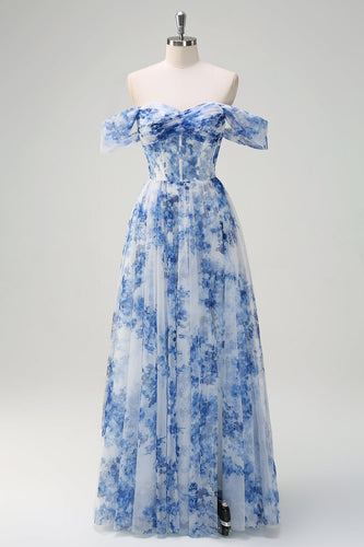 White Blue Flower Floral A-Line Long Corset Formal Dress with Slit