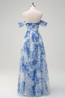 Load image into Gallery viewer, White Blue Flower Floral A-Line Long Corset Formal Dress with Slit