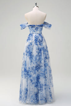 White Blue Flower Floral A-Line Long Corset Formal Dress with Slit
