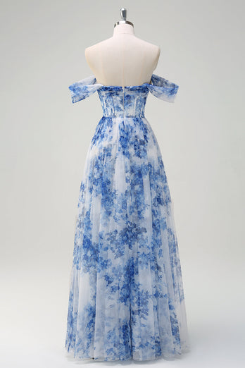 White Blue Flower Floral A-Line Long Corset Formal Dress with Slit
