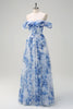 Load image into Gallery viewer, White Blue Flower Floral A-Line Long Corset Formal Dress with Slit