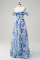 Load image into Gallery viewer, White Blue Flower Floral A-Line Long Corset Formal Dress with Slit