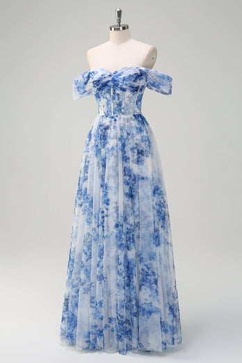 White Blue Flower Floral A-Line Long Corset Formal Dress with Slit