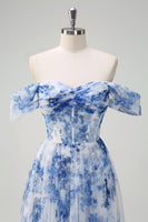 Load image into Gallery viewer, White Blue Flower Floral A-Line Long Corset Formal Dress with Slit