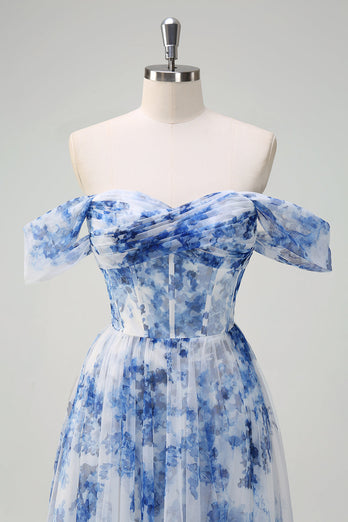 White Blue Flower Floral A-Line Long Corset Formal Dress with Slit