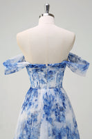 Load image into Gallery viewer, White Blue Flower Floral A-Line Long Corset Formal Dress with Slit