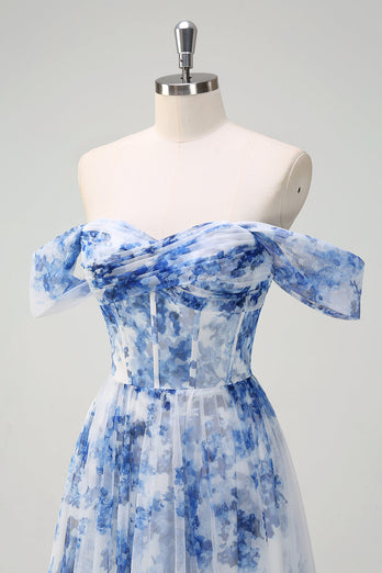 White Blue Flower Floral A-Line Long Corset Formal Dress with Slit