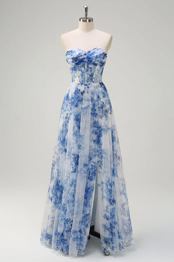 White Blue Flower Floral A-Line Long Corset Formal Dress with Slit