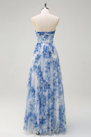 Load image into Gallery viewer, White Blue Flower Floral A-Line Long Corset Formal Dress with Slit