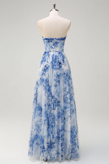 White Blue Flower Floral A-Line Long Corset Formal Dress with Slit