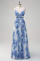 Load image into Gallery viewer, White Blue Flower A-Line Spaghetti Straps Pleated Long Bridesmaid Dress