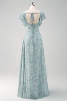 Load image into Gallery viewer, Dusty Sage Square Neck Printed Flower Long Bridesmaid Dress with Slit