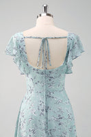 Load image into Gallery viewer, Dusty Sage Square Neck Printed Flower Long Bridesmaid Dress with Slit