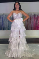 Load image into Gallery viewer, Sparkly White Bowknot Corset Tiered Long Formal Dress with Slit