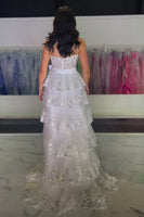 Load image into Gallery viewer, Sparkly White Bowknot Corset Tiered Long Formal Dress with Slit