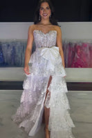 Load image into Gallery viewer, Sparkly White Bowknot Corset Tiered Long Formal Dress with Slit