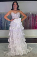 Load image into Gallery viewer, Sparkly White Bowknot Corset Tiered Long Formal Dress with Slit