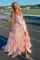 Load image into Gallery viewer, Sparkly White Bowknot Corset Tiered Long Formal Dress with Slit