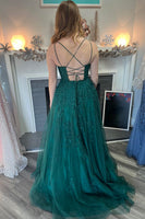 Load image into Gallery viewer, A-Line Dark Green Floral Long Formal Dress with Appliques