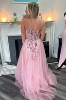 Load image into Gallery viewer, Sparkly Corset Pink Floral Long Formal Dress with Appliques