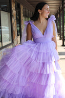 Load image into Gallery viewer, Princess Purple Ruffled Long Formal Dress with Slit