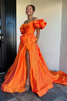 Load image into Gallery viewer, Orange A Line Off The Shoulder Long Formal Dress with Slit (Copy)