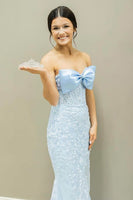 Load image into Gallery viewer, Sparkly Sky Blue Corset Lace Long Formal Dress with Bow