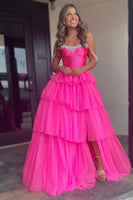 Load image into Gallery viewer, Sparkly Fuchsia Corset Beaded Long Formal Dress with Slit