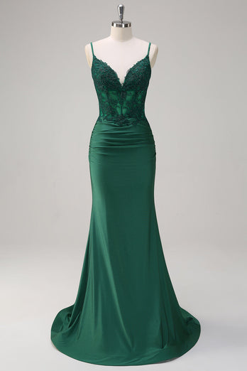 Dark Green Ruched Satin Mermaid Long Corset Formal Dress