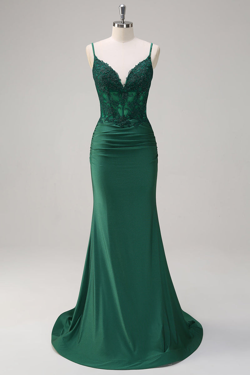 Load image into Gallery viewer, Dark Green Ruched Satin Mermaid Long Corset Formal Dress