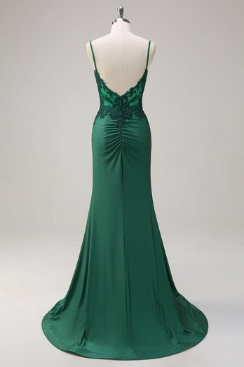 Dark Green Ruched Satin Mermaid Long Corset Formal Dress